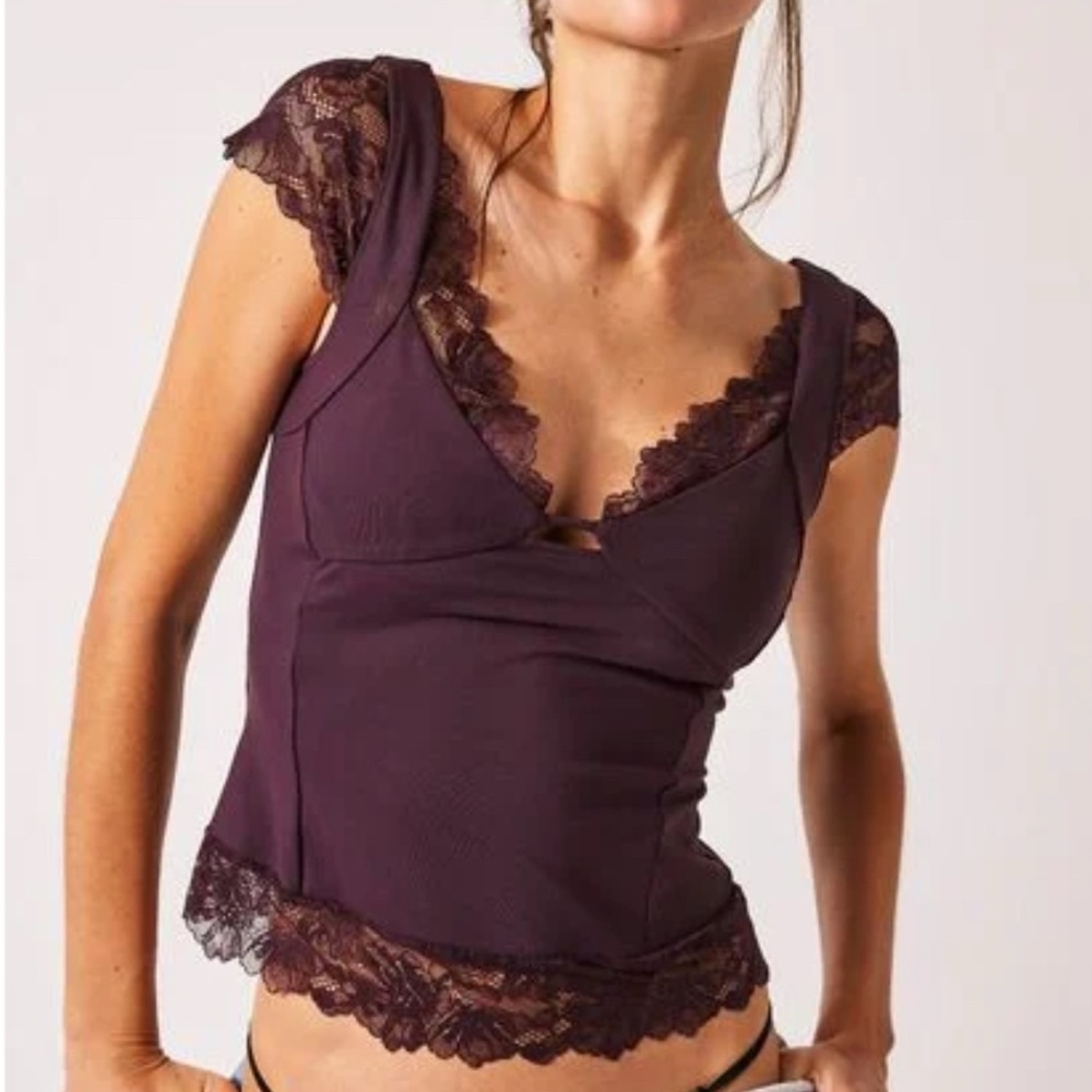 Free People Deep Purple Lace Trim Chemise